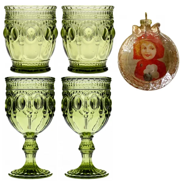 Подарочный набор 2 бокала Изумруд и 2 стакана Изумруд с фигуркой Новогодняя сценка (девочка)